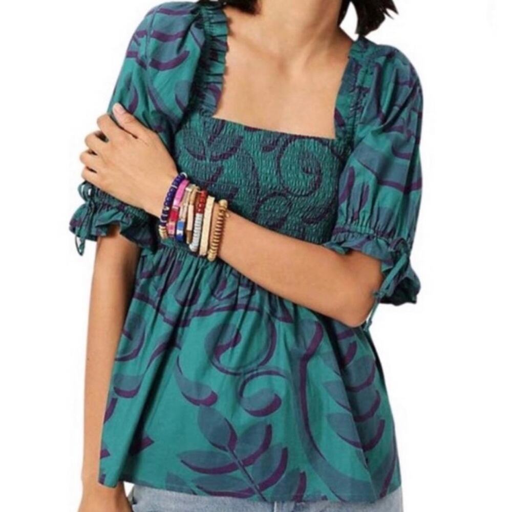Anthropologie Porridge Jina Green Puff Sleeve Top Size Small